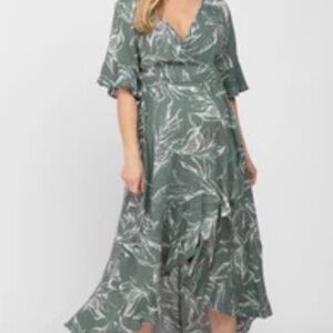 Pinkblush Green Leaf Print Hi-Low Wrap Maternity Midi Dress
